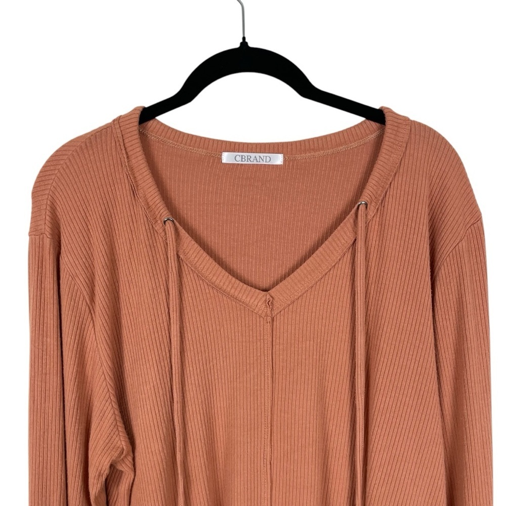 Cbrand Terracotta Orange Long Sleeved Ribbed Relaxed V-Neck Drawstring Top Sz M - Picture 3 of 13